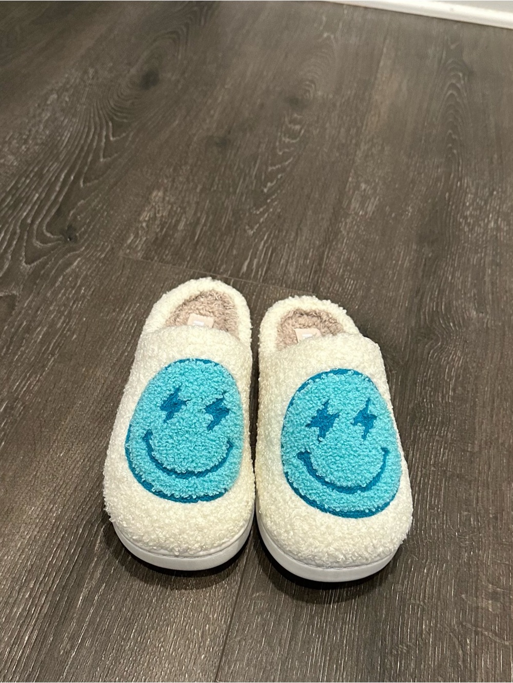 MIA Cream Sherpa Mules with Blue Smiley Patch